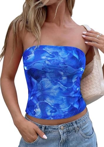PRETTYGARDEN Tube Tops for Women 2026 Summer Spring Floral Strapless Going Out Tops Y2K Mesh Cute Beach Vacation Clothes (Bright Blue,X-Large) - Image 1