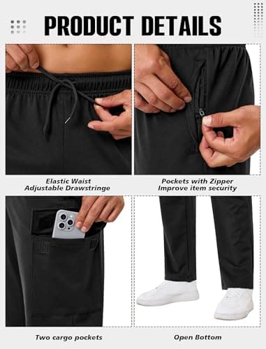 SILKWORLD Mens Sweatpants Cargo Pants Open Bottom Casual Athletic Lounge Joggers with Zipper Pockets, Black, Small - Thumbnail 6
