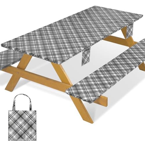 memKiya Fitted Waterproof Picnic Table Cover with Bench Covers Heavy Duty Elastic Outdoor Camping Tablecloth for 8 Foot Rectangle Tables Summer Rv Accessories Patio Garden Road Trip Essentials Gifts