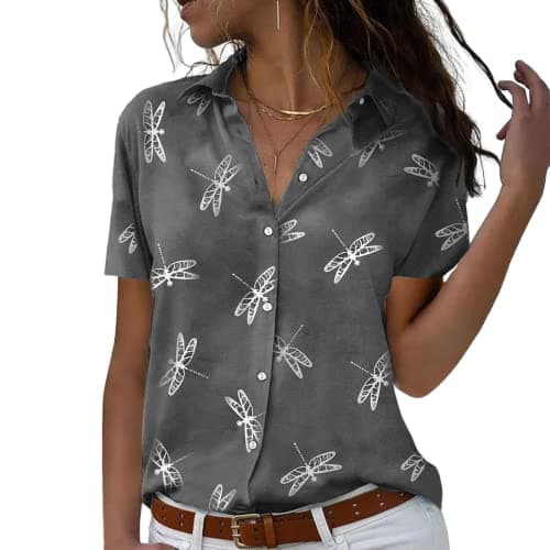 Chicwave Women's Short Sleeve Button Down Shirt, Collared V Neck Floral Print Blouse, Lightweight Casual Work Top for Office, Travel, Vacation, Summer, Gray - Thumbnail 4