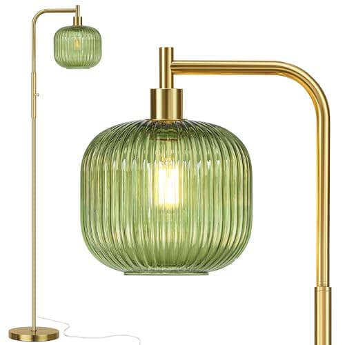 QiMH Glass Floor Lamp for Living Room, Modern Standing Lamp with Green Ribbed Glass Lampshade, Stepless Dimmable Rotary Switch, 67” Tall Lamp for Bedroom Home Decor, Brushed Gold - Image 1