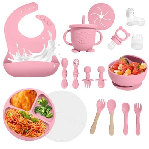 Baby Led Weaning Supplies, 17 Piece BPA-Free Silicone Feeding Set, Eating Essentials Baby Utensils with Suction Plate and Bowl, Pocket Bib, Sippy Cup with Lid, for 6+ Months, Pink