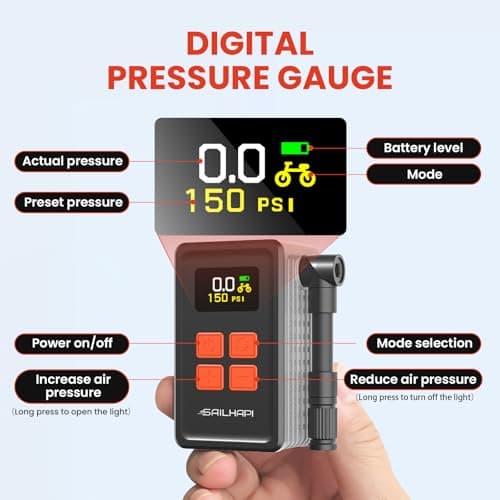 SAILHAPI Mini Bike Tire Pump (150PSI Fast Inflation with Guage) (Presta and Schrader Valve) Portable Electric Air Pump for Road and Mountain Bicycle, E-Bike, Motorcycle, Sports Ball - Thumbnail 5