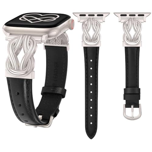 Wearlizer Leather Band Compatible with Apple Watch Bands for Women 44/42/45/46/49mm Dressy Slim Strap with Design Interlock Buckle for iWatch Series 11 10 9 8 Ultra SE 7 6 5 SE 4 3 2 1 Black/Starlight - Image 1