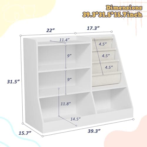 IKALIFE 39" Large Kids Wooden Bookshelf and Toy Storage Organizer, Baby Bookcase with Sling Book Rack, Children Toddler Wooden Book Shelf for Kids Rooms, Playroom, Classroom, Nursery, School (White) - Thumbnail 2