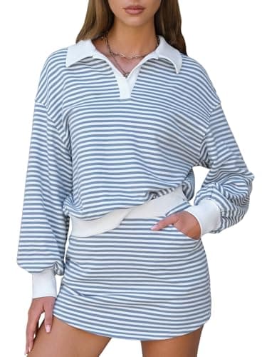 EXLURA Womens Two Piece Sets Cotton Striped Sweatshirt Matching Skirt Skort Tennis Vacation Cruise Outfits Travel Set 2026 - Image 1
