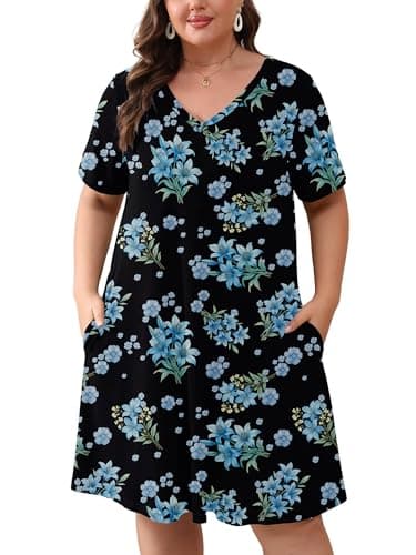 AusLook Plus Size Midi Dress for Women Black Blue Lily Bouquet 4X Short Sleeve Loose V Neck Summer Casual A Line Knee Length Work Outfit T Shirt 2026 Sundresses with Pockets - Image 1