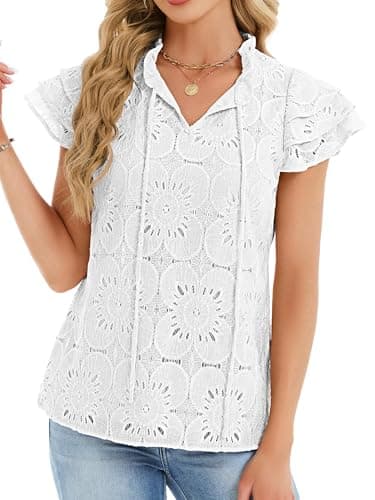 Funlingo Womens Eyelet Tops Summer Ruffle Cap Sleeve Blouses Dressy Casual Hollow Out Crochet Lace Embroidered Shirts 2026 Trendy Fashion White L - Thumbnail 2