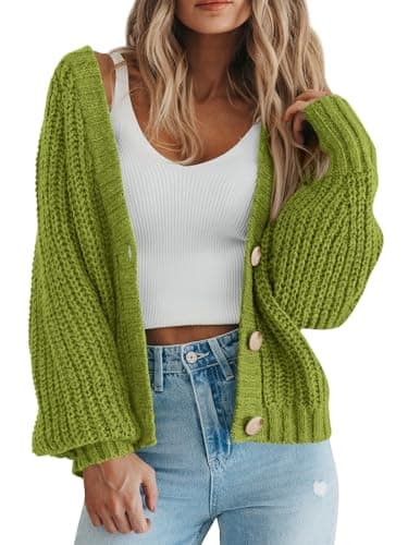PRETTYGARDEN Women's Long Sleeve Plain Button Down Sweater Classic V-Neck Knit Cardigan Open Loose Outwear Coats (Fruit Green, Small) - Image 1