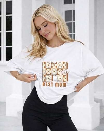 Mom Graphic T Shirt for Women, Best Mom Floral Checkered Letter Print, Cotton Relaxed Fit Casual Tee - Thumbnail 3