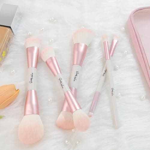 START MAKERS Makeup Brushes 5Pcs Dual Ended Pink Makeup Brush Set for Foundation Blush Bronzer Concealer Contour Powder Highlight Eyebrow Eyeshadow Blending, Travel Makeup Brushes with Bag - Thumbnail 6