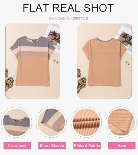 Dokotoo Trendy Tops for Women 2026 Color Block T Shirts Casual Lightweight Short Sleeve Ribbed Knit Tops Loose Fit Cute Summer Top Honey Gold X-Large - Thumbnail 4