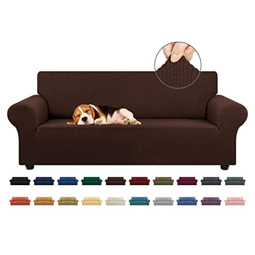 KEKUOU Stretch Sofa Cover Slipcover ，Couch Covers for 3 Cushion Couch Sofa pet Friendly (78"-94") Furniture Protector Sofa with Elastic Bottom for Kids,Dog, Jacquard Small Checked(Large,Chocolate)