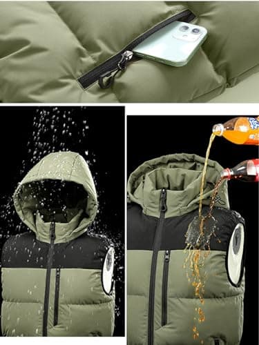 ceauros Men's Winter Puffer Vest Removable Hooded Quilted Padded Sleeveless Vest Casual Warm Zip Up Jacket Outerwear(Army Green,S) - Thumbnail 3