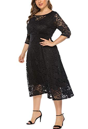Eternatastic Womens Scooped Neckline Floral lace Top Plus Size Cocktail Party Midi Dress XL Black - Thumbnail 4