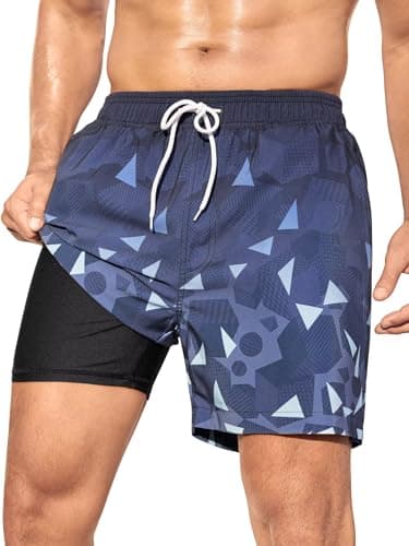 SILKWORLD Mens Swim Trunks with Compression Liner 2 in 1 Swimming Trunks Quick Dry Swim Shorts Bathing Suit Zipper Pockets, Gradient-Navy Blue, Large - Image 1