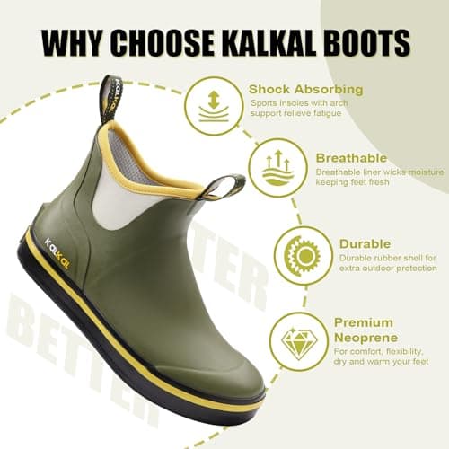 Kalkal Men's Deck Boots Anti-Slip Saltwater Fishing Rain Boots with Memory Foam, Waterproof Rubber Ankle Work Boots for Sailing (Lime Green, Size13) - Thumbnail 5