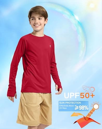 Boy's Rash Guard UPF 50+ Sun Protection Shirt Quick Dry Long Sleeve Swim Shirts Lightweight SPF Youth Fishing Shirt(Red,XL) - Thumbnail 4