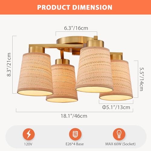 Majhoiw Boho Rattan 4-Light Flush Mount Ceiling Light Fixture 18" Coastal Farmhouse Chandeliers Rustic Ceiling Lamp for Dining Room Bedroom Entryway Foyer Living Room - Thumbnail 2