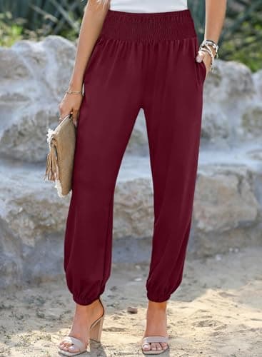 Dokotoo Linen Pants Women Spring Summer Harem Pants Flowy Beach Palazzo Trousers Casual Loose Joggers Outfits for Women Trendy 2025 Red - Thumbnail 2
