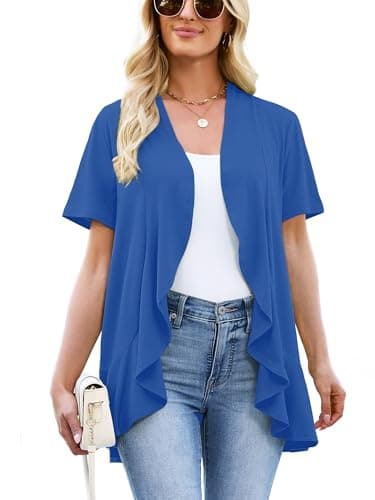 Heymoments Lightweight Cardigan for Women Royal Blue Medium Draped Open-Front Short Sleeve Casual Soft Drape Summer Kimonos Ladies Ruffle Shrug - Image 1