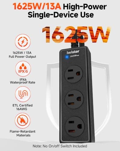 IPX6 Outdoor Power Strip Weatherproof, 3 Wide Multi Outlets, 1625W/13A High-Power for Multiple Uses, Built with 16AWG Indoor Extension Cord, Mountable Power Strip Suitable for Backyard Patio&Party Use - Thumbnail 2