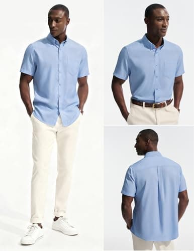 PJ PAUL JONES Untucked Dress Shirts for Men Button Down Short Sleeve Shirt Summer Business Casual Shirt Blue L - Thumbnail 2