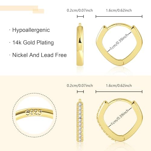Small Square Gold Huggie Hoop Earrings for Women Trendy- Huggie Cartilage Earring Set Cute Thin Mini Tragus Plated Hoops Multiple Piercings Cubic Zirconia Earrings Sets (2 Pair Square Huggies 10mm) - Thumbnail 4