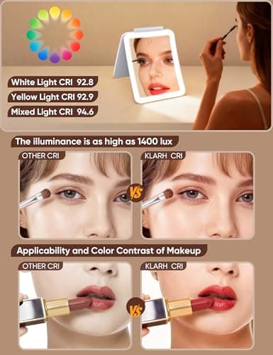 klarh 1X/10X Magnifying Makeup Mirror with 3 Colored Lights and Touch Control, 2700mAh Rechargeable LED Vanity Mirror for Home, Bathroom and Travel (Pearl White, with LED Lights) - Thumbnail 3