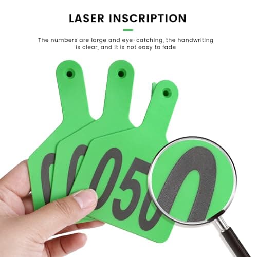 Cattle Ear Tags with 001-050 Numbers Large 1-Piece Z Livestock Ear Tags for Cow Goat Sheep Pig Calves Dog,Animal ID Identification Tag 4.4"x 3",Green - Thumbnail 5