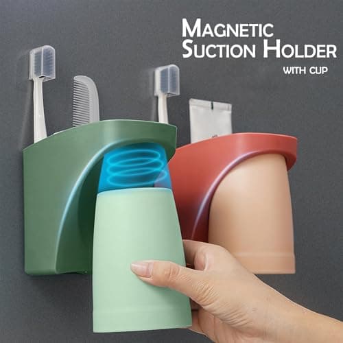 2 in 1 Magnetic Cup Toothbrush Holder for Bathroom,Wall Mounted Drill-Free Electric Toothbrushes Storage Organizer Space Saving, for Waterpik Oral-B, Family Father Mother and Son/Daughter (Rosepink) - Thumbnail 2