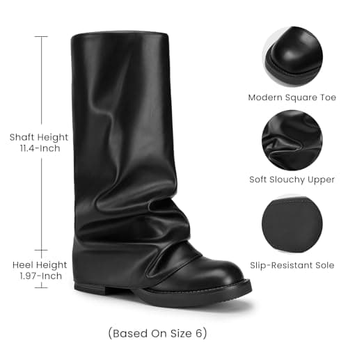 Athlefit Slouchy Mid Calf Boots for Women Black Fold Over Platform Square Toe Dress Pull On Wide Calf Boots for Party Concerts Size 6.5 - Thumbnail 4