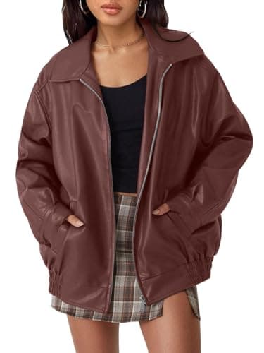 hathne Women's Oversized Leather Jackets Faux Zip Up Fall Fashion Motorcycle Jackets Coats Winter Clothes(Wine Red,XL) - Image 1