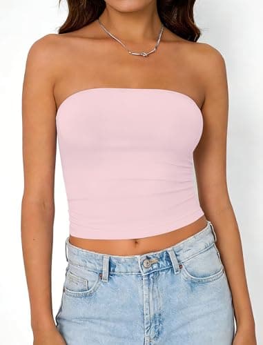 Matunana Women's Tube Top - Strapless Crop Bandeau Tops Basic Y2K Summer Going Out Clothes 2026 Trendy Vacation Outfit Pink L - Thumbnail 2