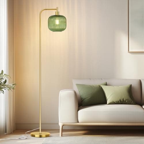 QiMH Glass Floor Lamp for Living Room, Modern Standing Lamp with Ribbed Glass Lampshade Pedal Switch, 67” Tall Lamp for Bedroom Study Room, Brushed Gold (2700K LED Bulb Included) - Thumbnail 2
