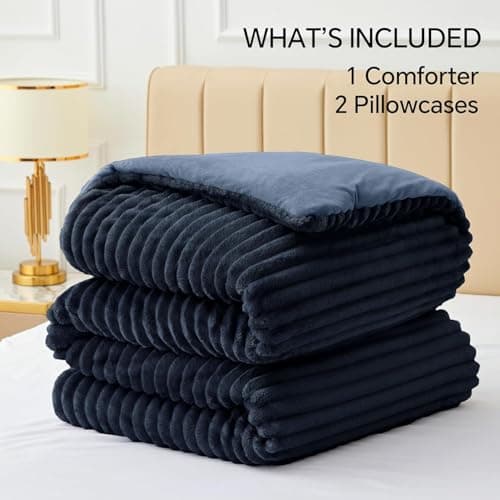 BEDELITE Fleece Queen Comforter Set -Super Soft & Warm Fluffy Navy Blue Bedding, Luxury Fuzzy Heavy Bed Set for Winter with 2 Pillow Cases - Thumbnail 6