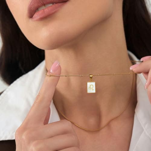 LETFLY Leo Zodiac Necklace for Women, 18K Gold Plated Natural Shell Astrology Pendant, Double Layered Snake Chain Personalized Celestial Jewelry, Birthday Gifts for Women - Thumbnail 3