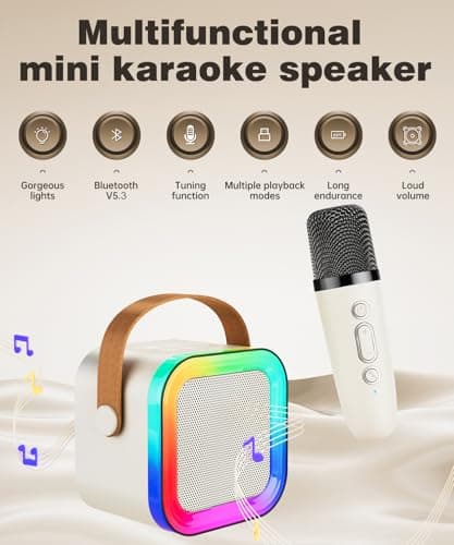 Mini Karaoke Machine Speaker for Kids Adults,Portable Bluetooth with 1-2 Wireless Microphones,Christmas Birthday Gifts Toys Girls Boys Ages 4, 5, 6,7, 8,9,10,11,12+ Years Old Toddler (Off-White -1Mic) - Thumbnail 2