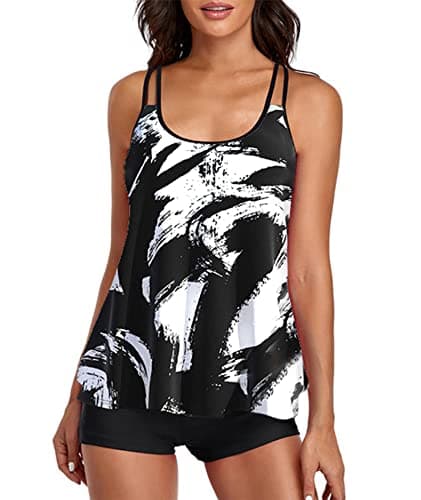 Stylish Swim Suits for Women Slimming Tankini Set Adjustable Straps 2 Piece Swimwear Tropical Hawaii Beach Pool Party Photoshoot Flattering Hides Belly Perfect for Vacation Ink Wash Painting M - Image 1