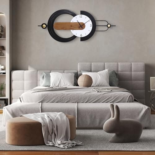 Anmotpe Modern Minimalist Wall Clocks,Black Metal & Wood Geometric Design Large Wall Clocks,Silent Non-Ticking Battery Operated,for Living Room Home Office Wall Art - Thumbnail 4