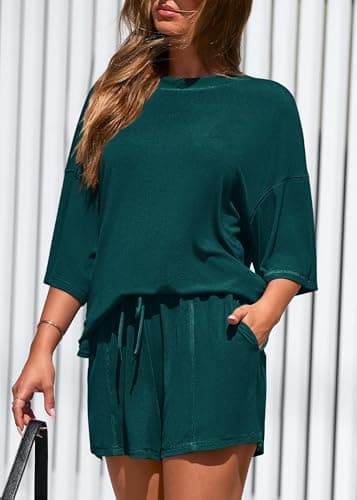 KIRUNDO 2 Piece Sets for Women Summer Lounge Sets Casual Oversized Tshirts Shorts Matching Airport Travel Outfits Postpartum(Peacock Green, X-Large) - Thumbnail 5
