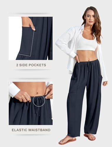 DLOODA Flowy Wide Leg Pants for Women, Drawstring Palazzo Harem Pants Casual Beach Vacation Trousers with Pockets Navy - Thumbnail 6