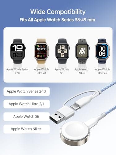 2 in 1 USB A/C Fast Charging Cable for Apple Watch Charger,4ft 60W Max Type C to C Fast Charging Nylon Braided Cord for iPhone 17 16 iPad,Travel Essentials for iWatch Series Ultra 42/44/46mm - Thumbnail 6