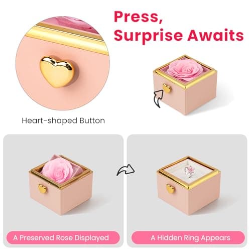 mountova Valentines Day Gifts for Her Girlfriend Wife, Flip Flower Jewelry Box With Ring Birthday Gift for Women Mom Sister, Preserved Rose Ring Box for Anniversary Wedding, Proposal, Pink - Thumbnail 3