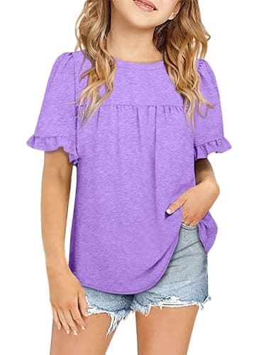 ZDC Girls' Ruffle Short Sleeve Top Flowy Crewneck Basic Tee Summer Blouse for School Daily Wear Purple