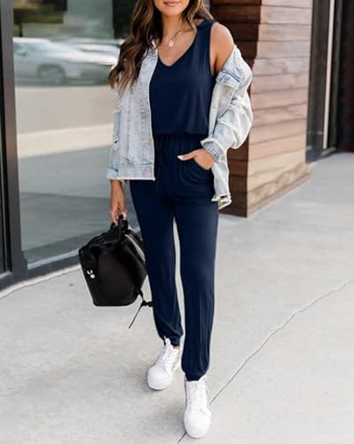 KIRUNDO Women 2026 Summer Jumpsuits Casual Sleeveless Drawstring Elastic Waist Romper Vacation Cruise Airport Travel Outfits(Dark Blue, XX-Large) - Thumbnail 4