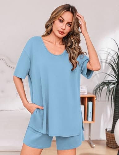 Totatuit Women's Oversized T-Shirt and Shorts Set 2 Piece Summer Outfits High Waisted Lounge Sets with Pockets Casual Travel Clothes Light Blue Small - Thumbnail 2
