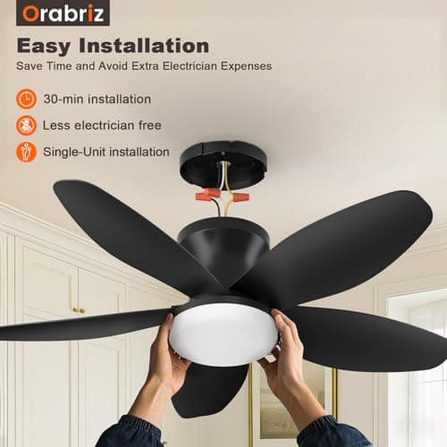Orabriz 35 Inch Small Ceiling Fan with Remote Control and Dimmable LED Lights, DC Reversible 6-Speed Low Profile Fan Light, Modern Flush Mount Fans for Bedroom Living Room Indoor/Outdoor, Black - Thumbnail 2