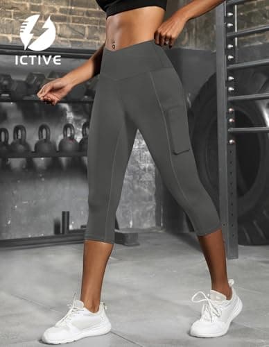 ICTIVE Women's Capris Yoga Pants with Pockets Crossover V Cross High Waisted Fitness Running Leggings Grey L - Thumbnail 2