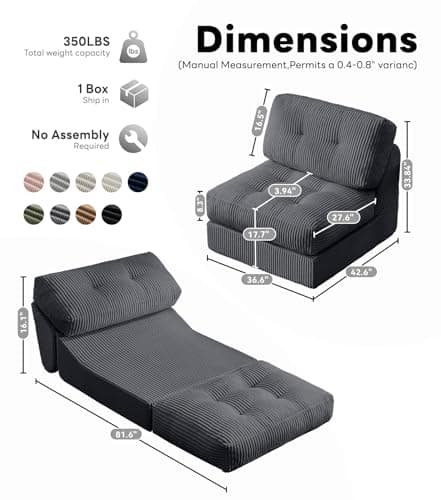 Tbfit 35.8‘’ Oversized Folding Sofa Bed, Convertible Sleeper Chair with Adjustable Back, Corduroy Folding Couch Bed, Portable & Foldable Boneless Floor Sofa for Living Room, Bedroom, Dark Grey - Thumbnail 2